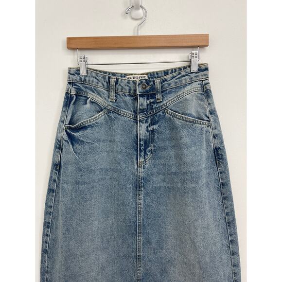 Free People We The Free Come As You Are Rigid Denim Distressed Maxi Skirt Size 0 - Picture 3 of 9